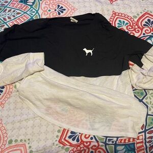 PINK Victoria's Secret Black and Cream Long Sleeve Tee